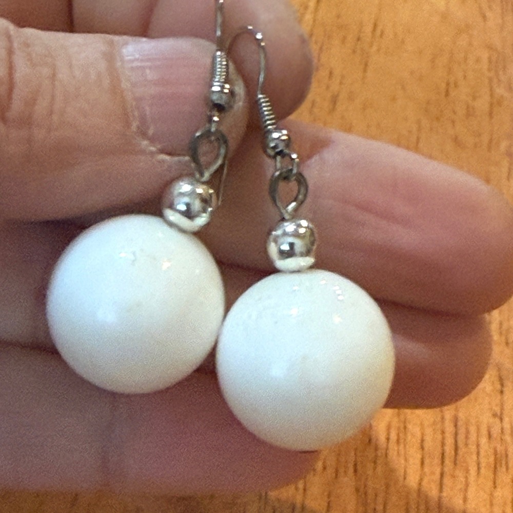 White Round Sphere Drop Earrings Silver Tone Fishhook Minimalist Orb Retro Mod